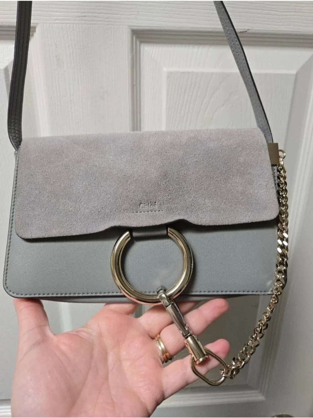 Chloé Chloe Small Faye Leather & Suede Shoulder Crossbody Bag Gray 02-15-99-65 - Picture 2 of 12